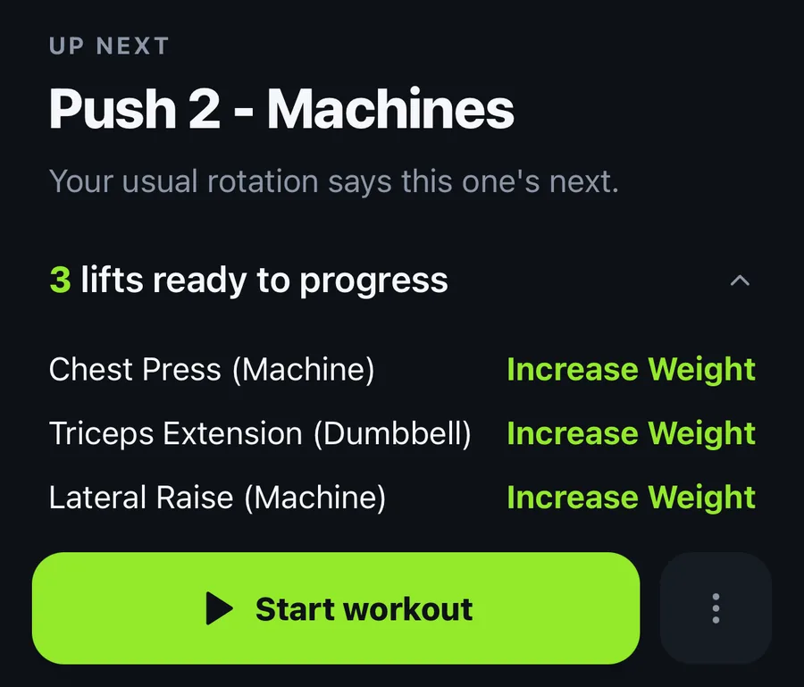 GRAVTY Home: Push 2, Machines up next, 3 lifts ready to progress, each marked Increase Weight, and a Start workout button.