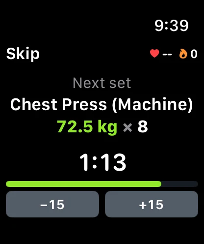 GRAVTY on Apple Watch during rest: next set Chest Press (Machine) at 72.5 kg for 8 reps, 1:13 remaining.