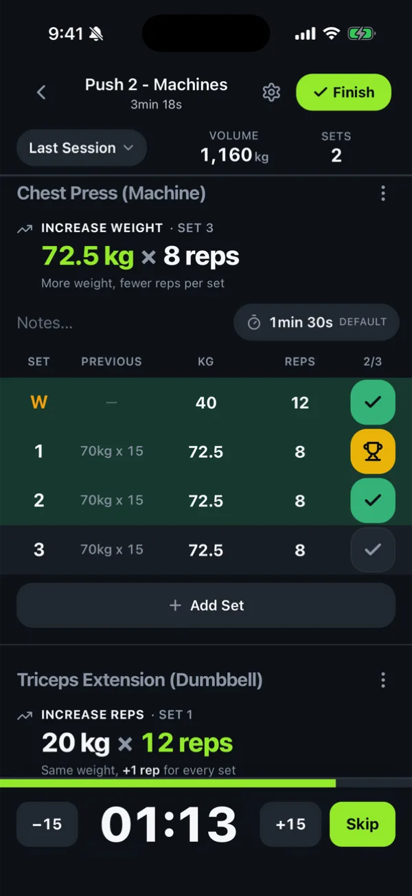 GRAVTY during a workout: Chest Press set 3 prescribed at 72.5 kg for 8 reps, a new personal record on set 1, and the rest timer at 1:13.